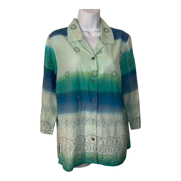 Napa Valley Tops - Napa Valley 3/4 sleeve ombre embroidered cotton button up L